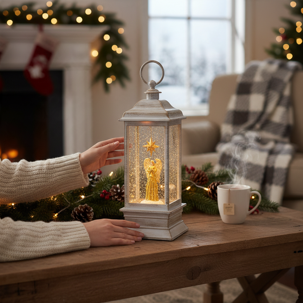 Mellow Monkey white lantern with a golden angel figurine and swirling glitter, set on a rustic wooden table.