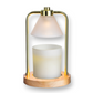 Mellow Monkey Golden Glow pendant candle warmer lamp with a brushed gold arch, frosted white shade, and wood base.