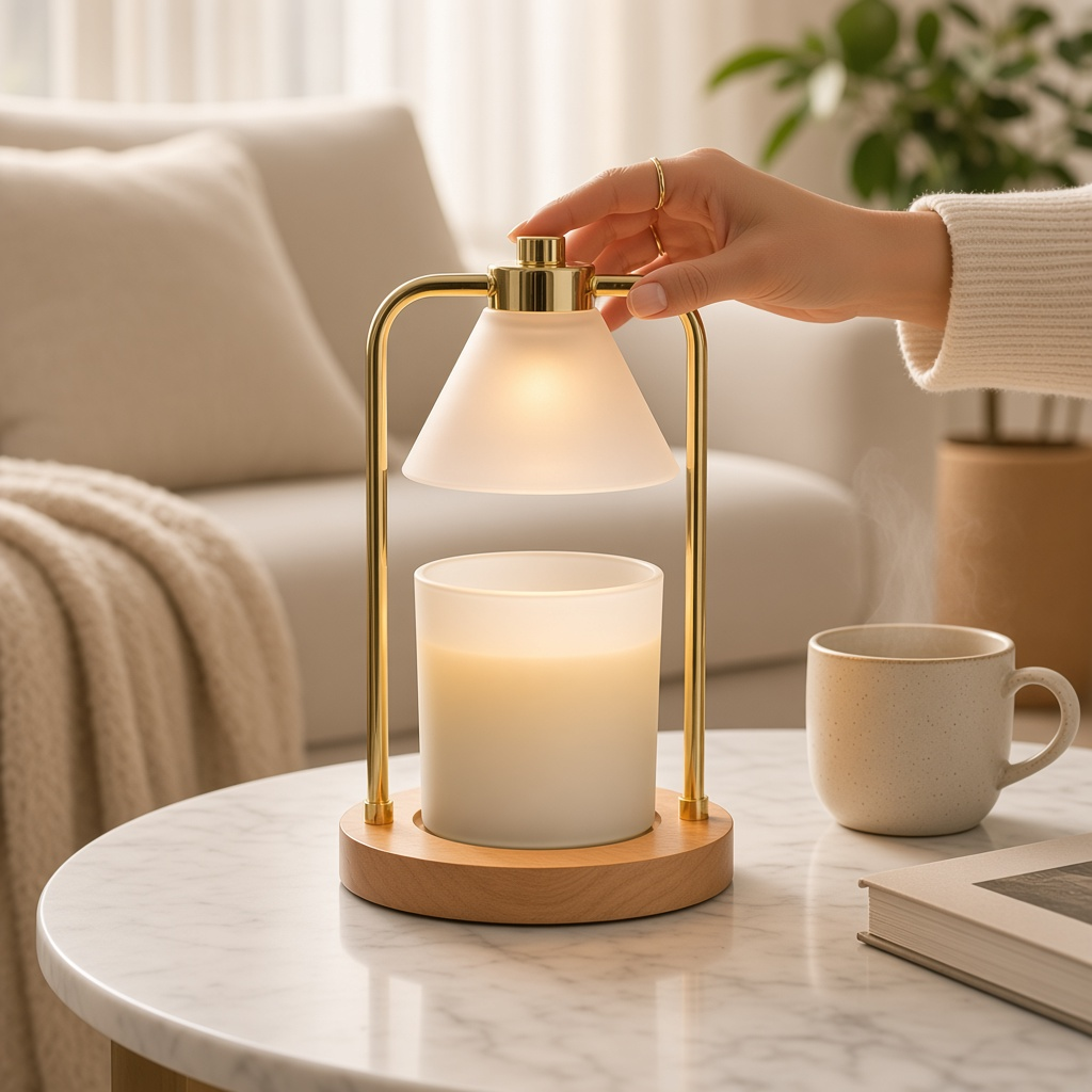 Mellow Monkey Golden Glow candle warmer lamp with brushed gold arch, frosted shade, and wood base on marble table
