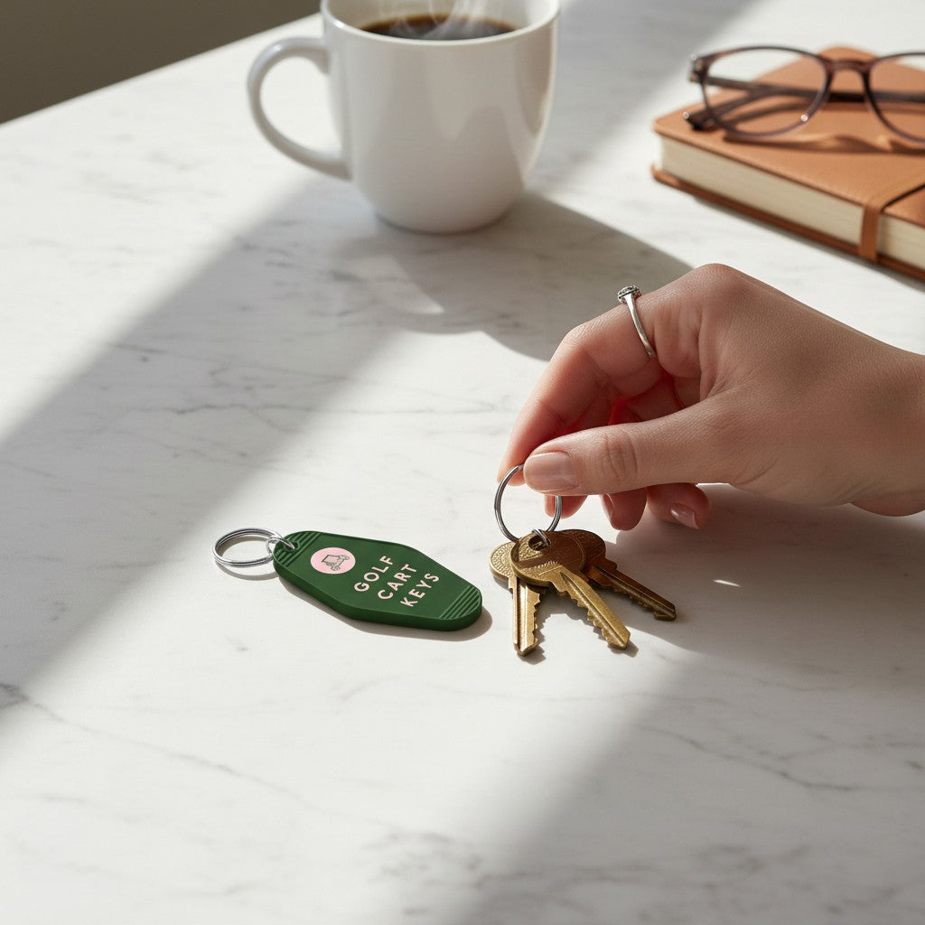 Mellow Monkey retro motel style keychain in dark green with Golf Cart Keys text on a marble tabletop