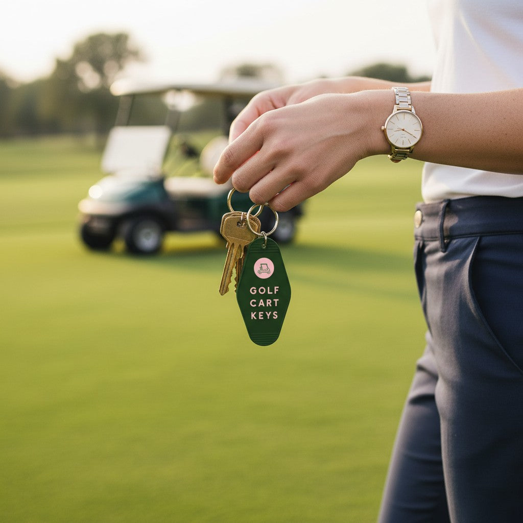 Mellow Monkey retro motel-style green keychain with Golf Cart Keys text held on a golf course