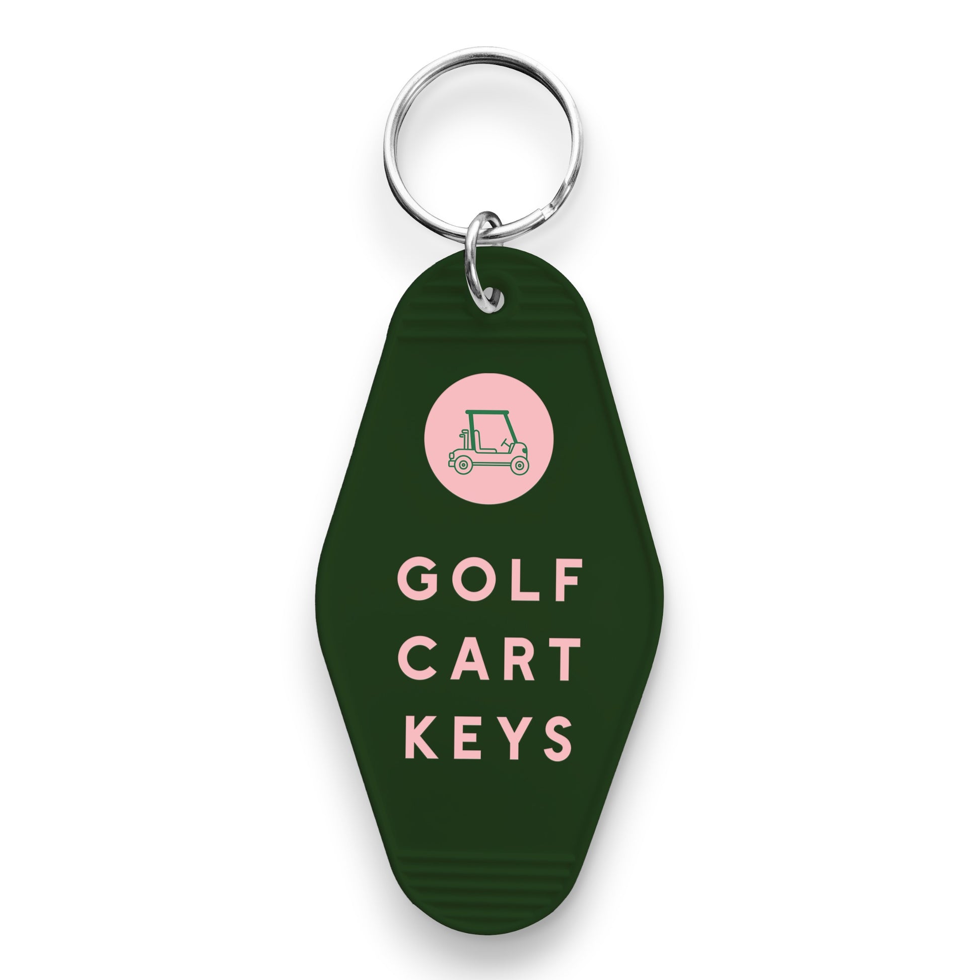 Mellow Monkey dark green motel-style keychain with a pink golf cart icon and Golf Cart Keys text in pink lettering.