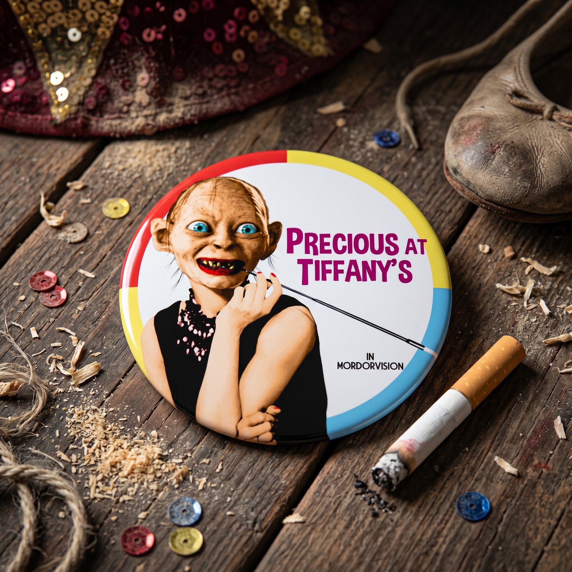 Mellow Monkey 1.25-inch round pin-back button featuring a parody illustration of Gollum as Audrey Hepburn.