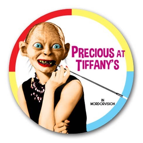 Mellow Monkey 1.25-inch round pin-back button featuring a parody design of Gollum as Holly Golightly.