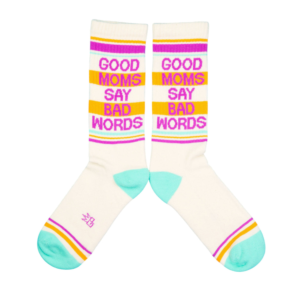 Mellow Monkey crew socks in cream with pink text reading Good Moms Say Bad Words and teal accents