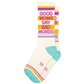 Mellow Monkey crew socks in cream with Good Moms Say Bad Words text in purple and orange with teal accents