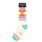 Mellow Monkey crew socks featuring Good Moms Say Bad Words text in purple and yellow with teal heel and toe accents.