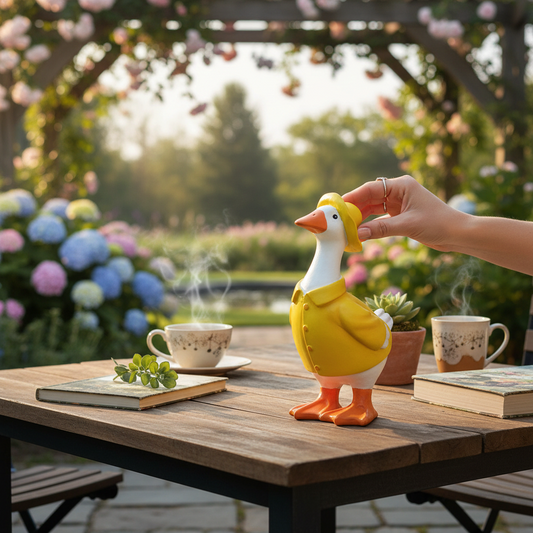 Mellow Monkey hand-painted resin goose garden statue wearing a yellow raincoat and hat on a wooden table