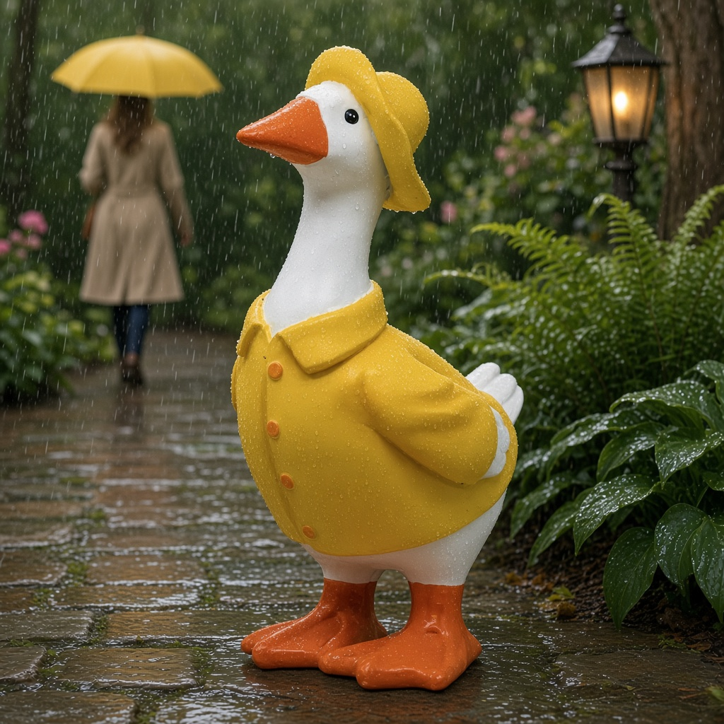 Mellow Monkey hand-painted resin goose garden statue wearing a yellow raincoat and hat in a rainy outdoor setting
