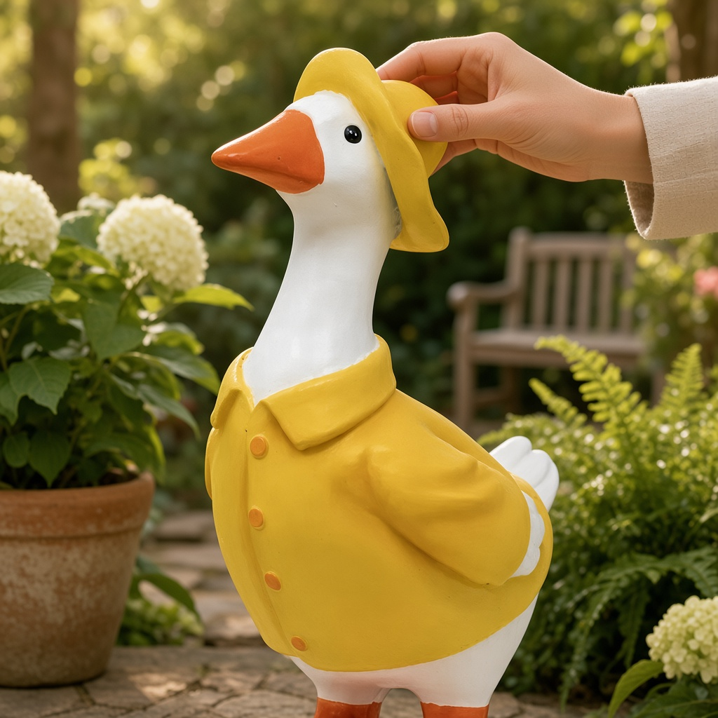 Mellow Monkey hand-painted resin goose garden statue wearing a yellow raincoat and matching hat in a garden setting