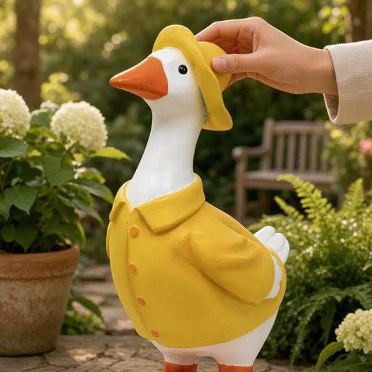 Mellow Monkey hand-painted resin goose garden statue wearing a yellow raincoat and matching hat in a garden setting