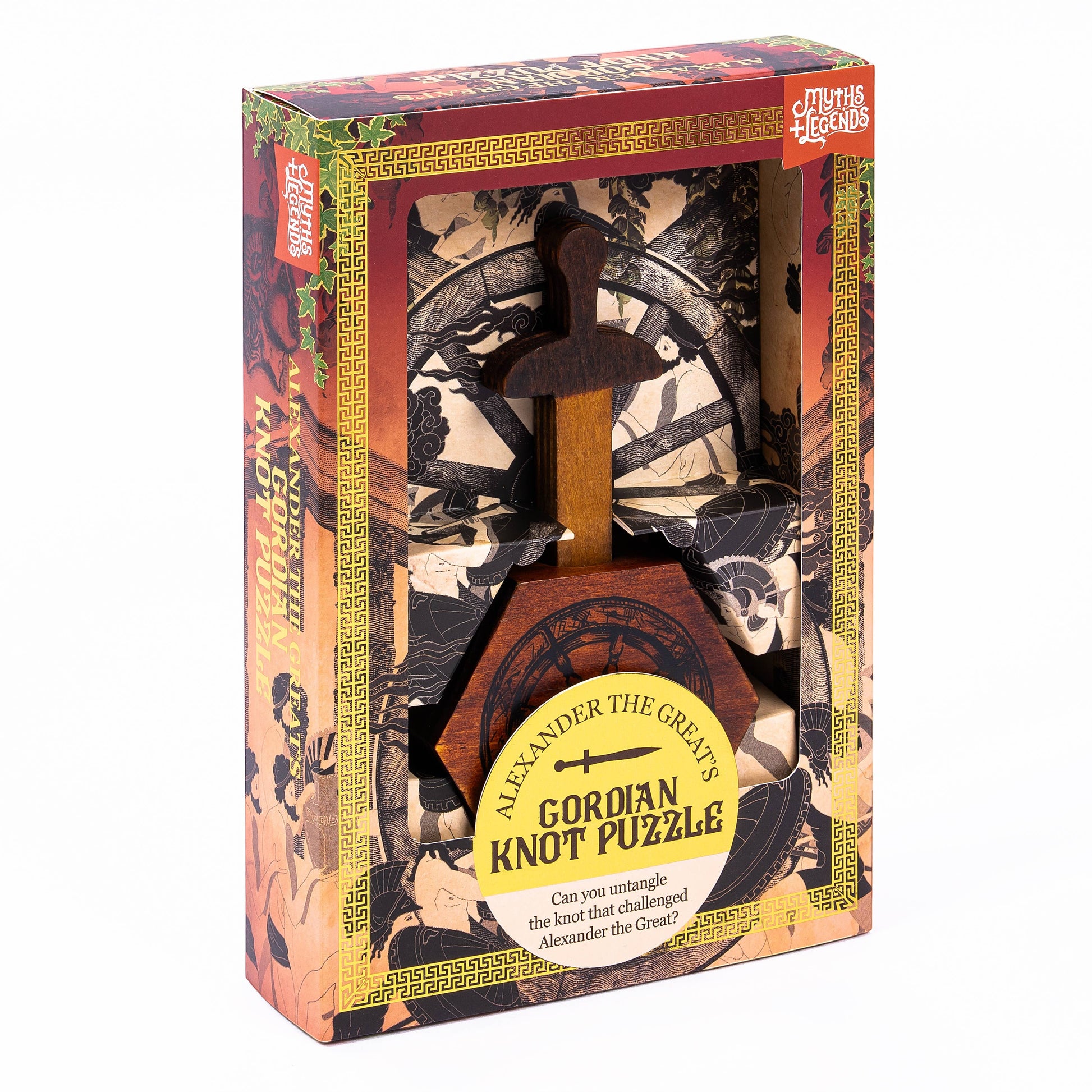Mellow Monkey Alexander the Great's Gordian Knot wooden puzzle with sword. A challenging brainteaser for history buffs.
