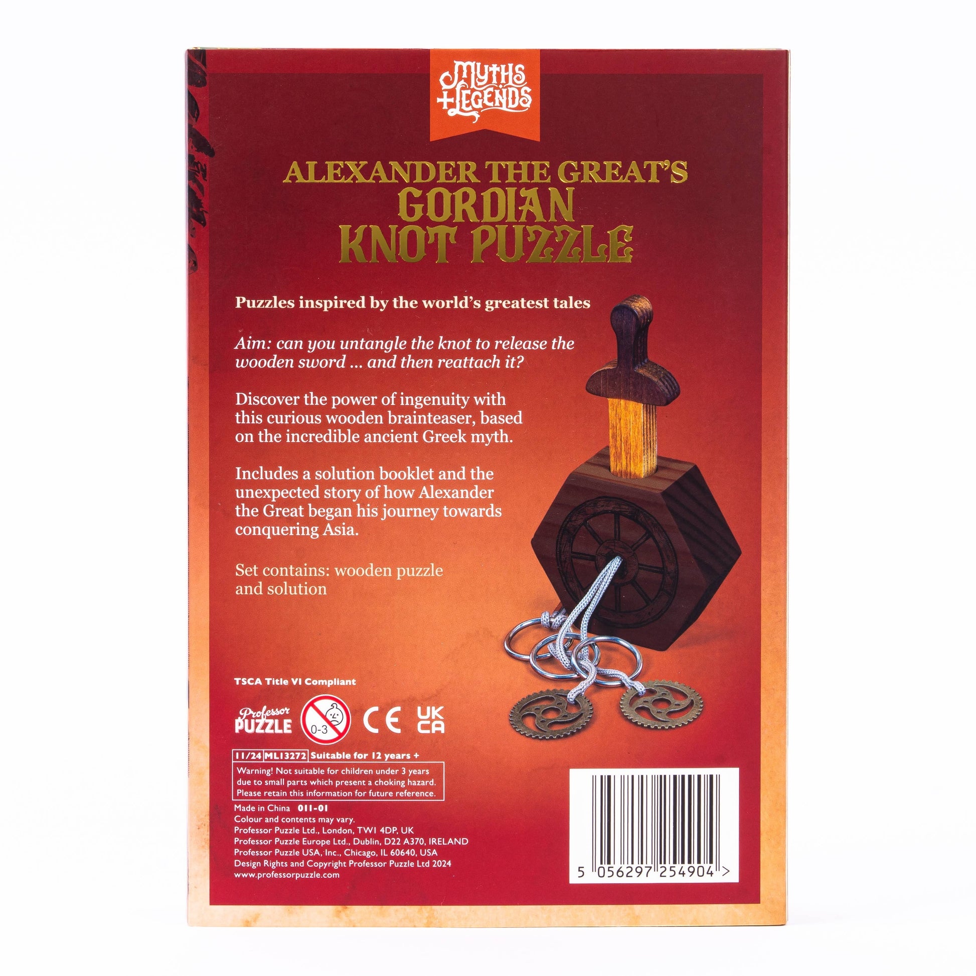 Mellow Monkey Alexander the Great's Gordian Knot wooden puzzle with a sword and gears. A challenging brainteaser.