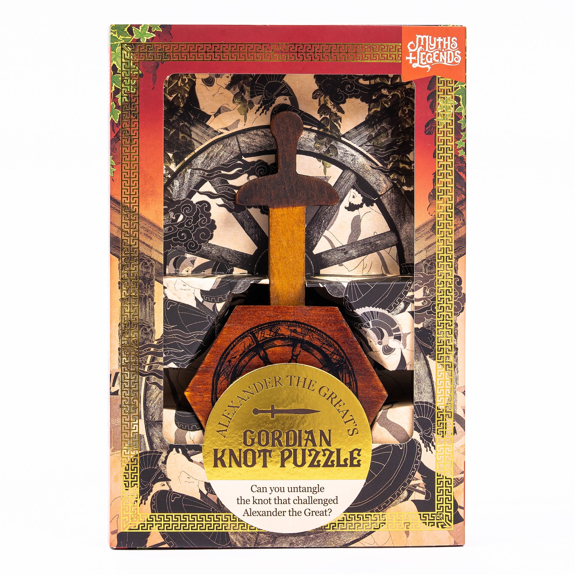 Mellow Monkey Alexander the Great's Gordian Knot wooden puzzle with sword. Features a hexagonal wooden base and a wooden sword.