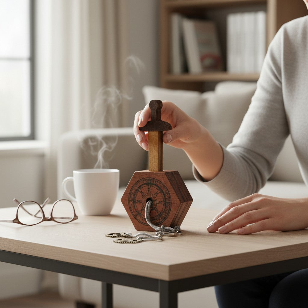 Mellow Monkey Alexander the Great's Gordian Knot wooden puzzle with sword and gears. Brown wood.