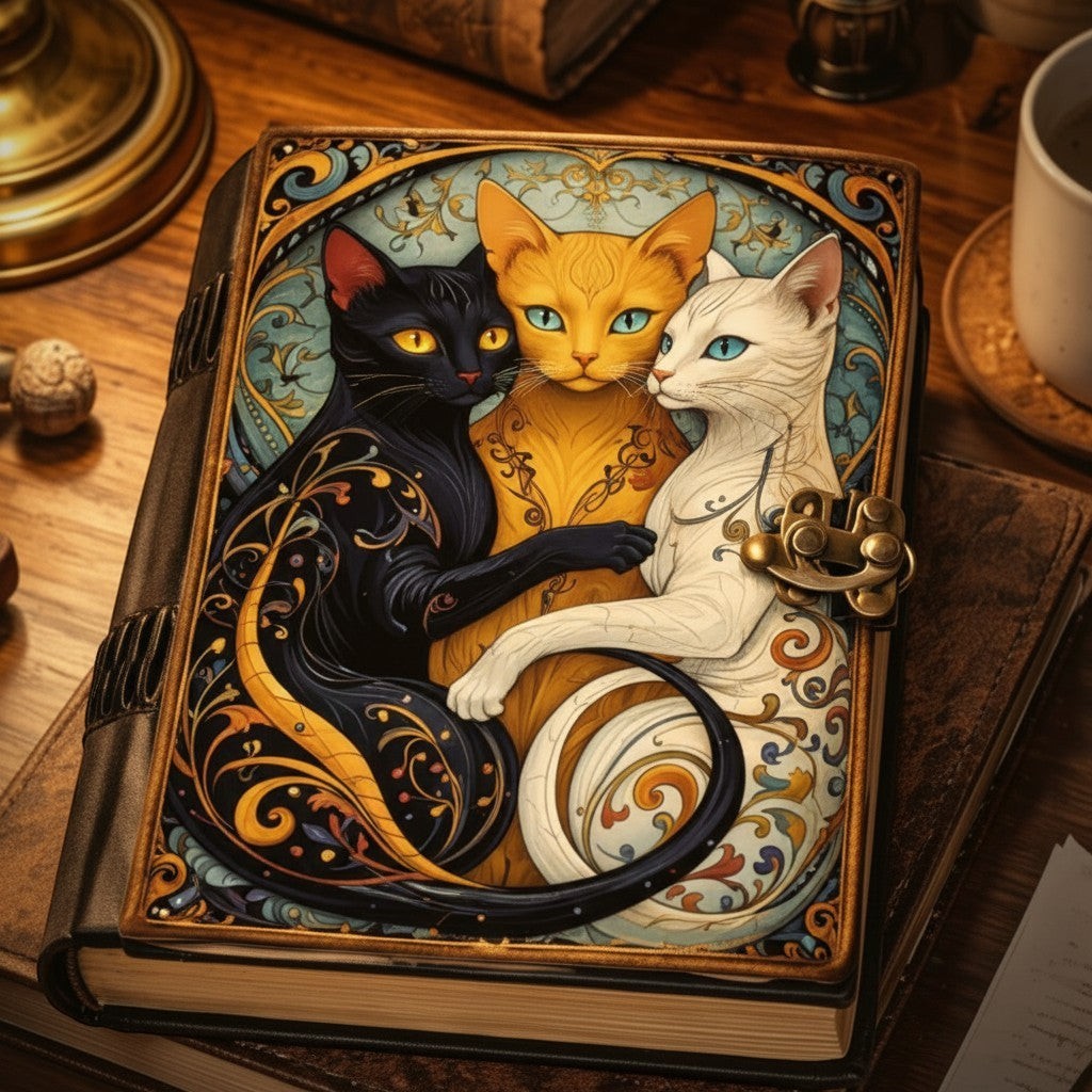 Mellow Monkey Gothic Cat Vintage Leather Spellbook with 3 cats on cover, 5x7 inches, 200 pages.