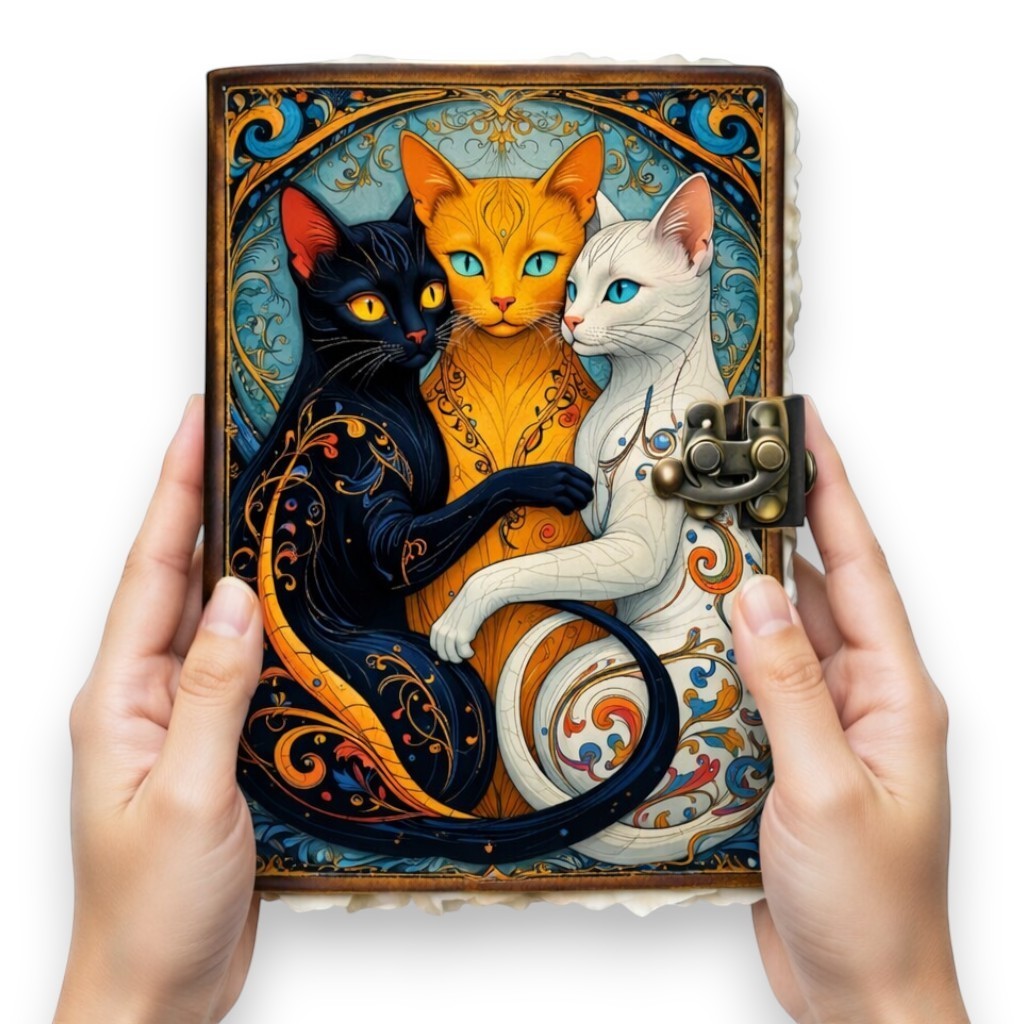 Mellow Monkey Gothic Cat Vintage Leather Spellbook with 3 cats, ornate design, and metal clasp. 5x7 inches.