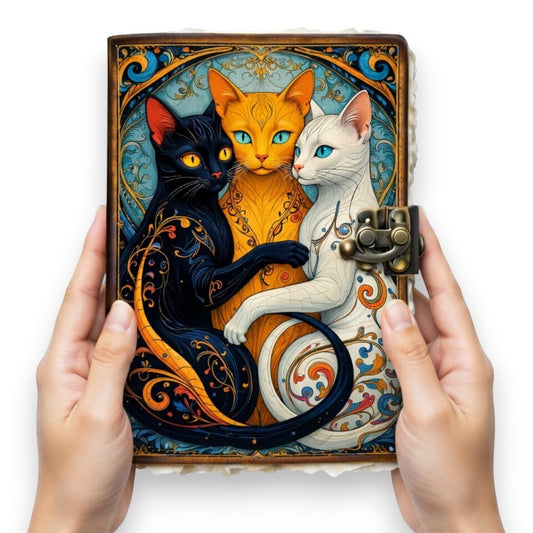 Mellow Monkey Gothic Cat Vintage Leather Spellbook with 3 cats, ornate design, and metal clasp. 5x7 inches.