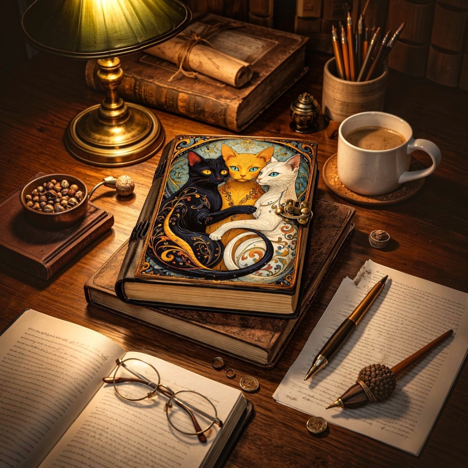 Mellow Monkey Gothic Cat vintage leather spellbook with 3 cats on cover, 5x7 inches, 200 pages.