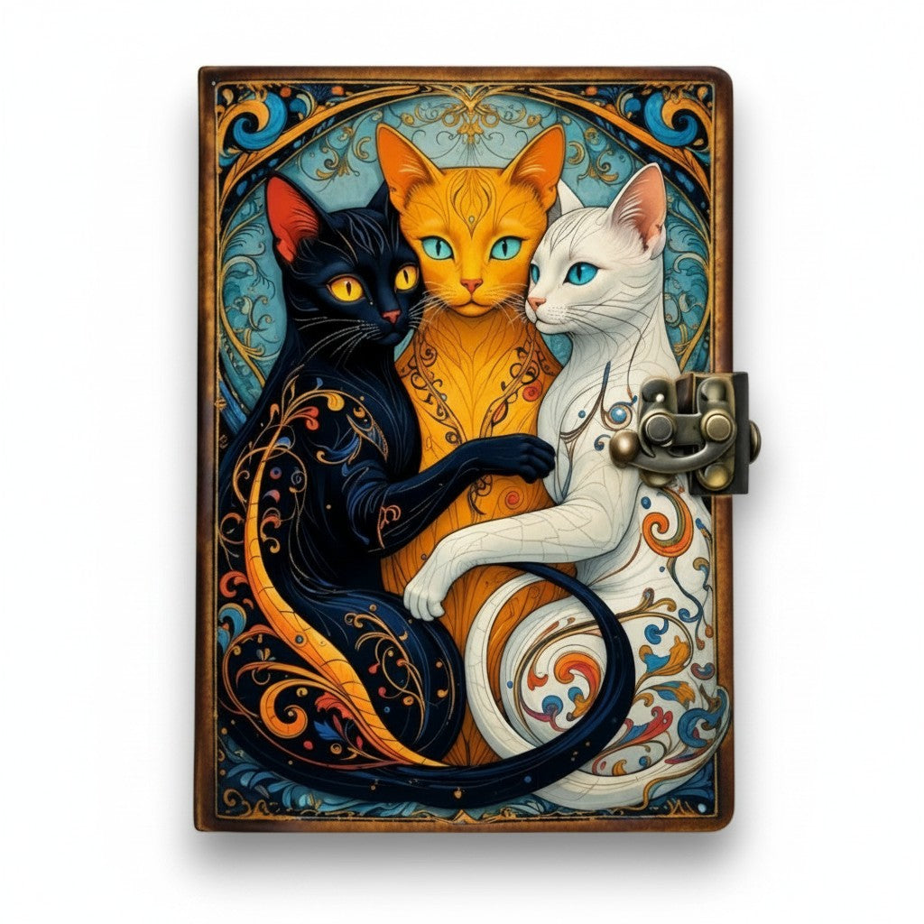 Mellow Monkey Gothic Cat vintage leather spellbook with three cats and ornate details. 5x7 inches.