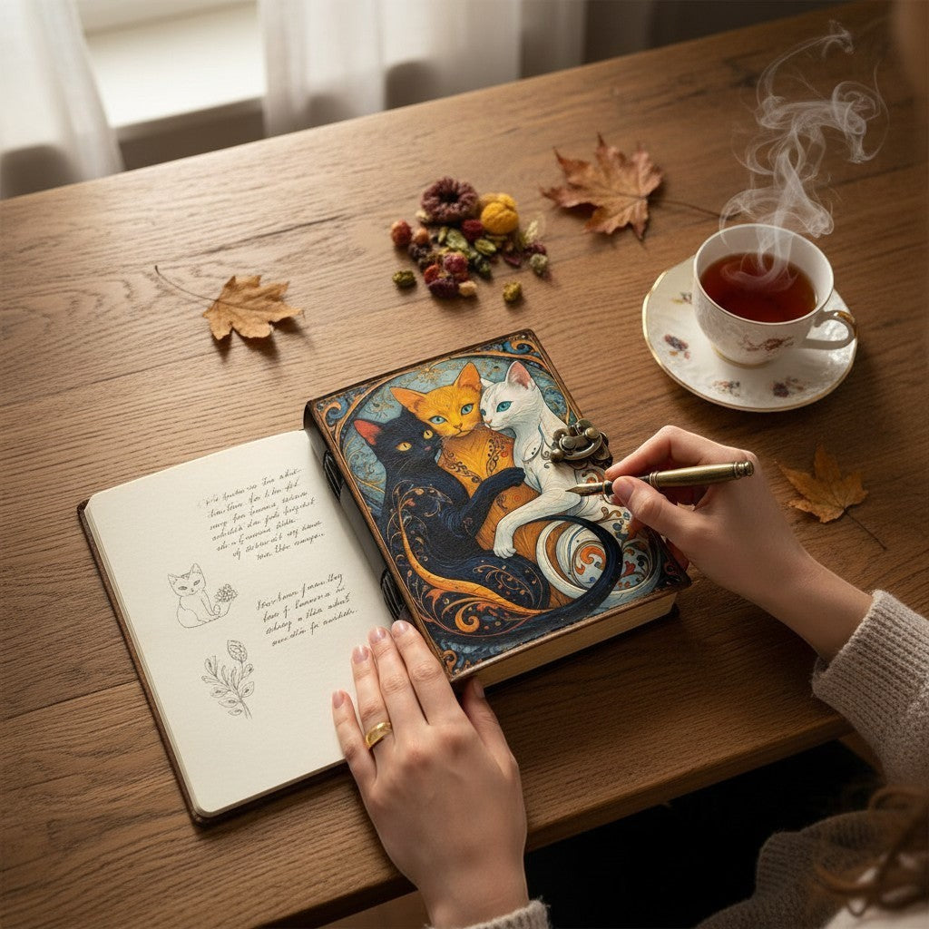 Mellow Monkey Gothic Cat Vintage Leather Spellbook with three cats: black, orange, and white. 5x7 inches, 200 pages.