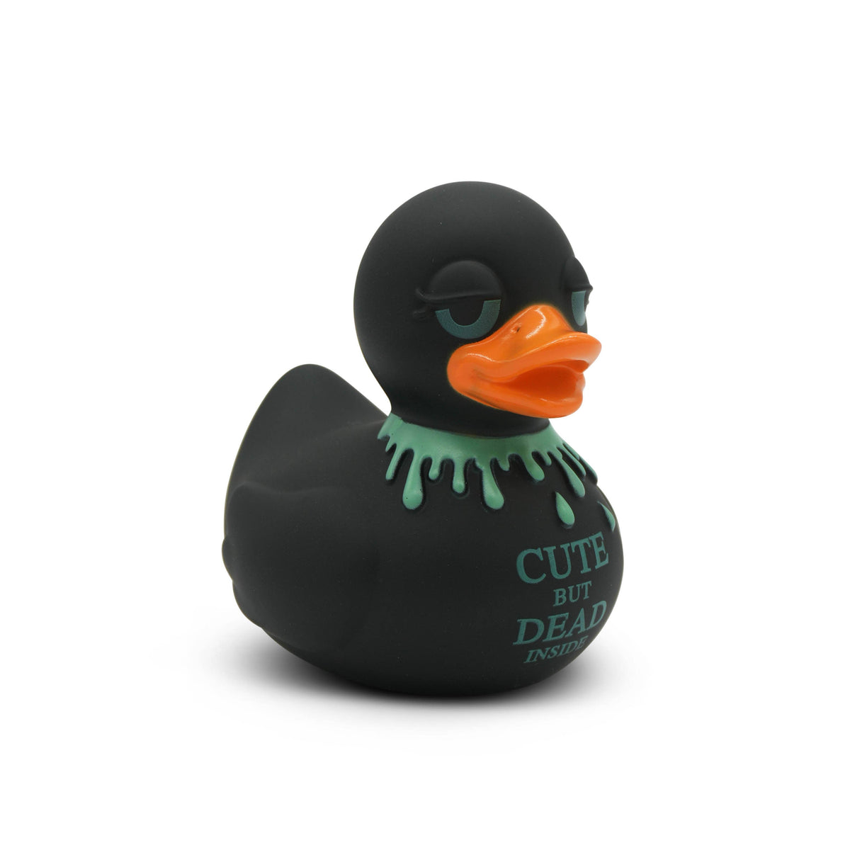 Mellow Monkey gothic rubber duck in matte black with neon green blood drips and Cute But Dead Inside text