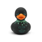 Mellow Monkey gothic rubber duck with black body, orange beak, and neon green blood drips with text on chest.