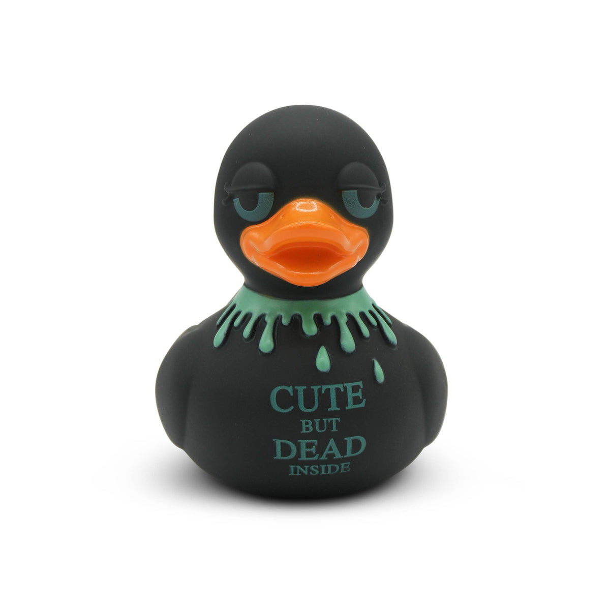 Mellow Monkey gothic rubber duck with black body, orange beak, and neon green blood drips with text on chest.