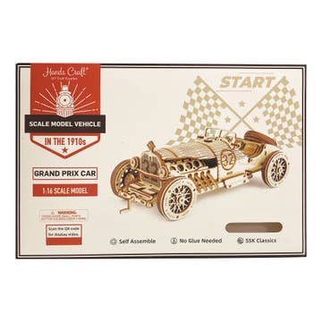Mellow Monkey Grand Prix Car 3D wooden puzzle model, 1:16 scale, 220 pieces, laser-cut plywood.