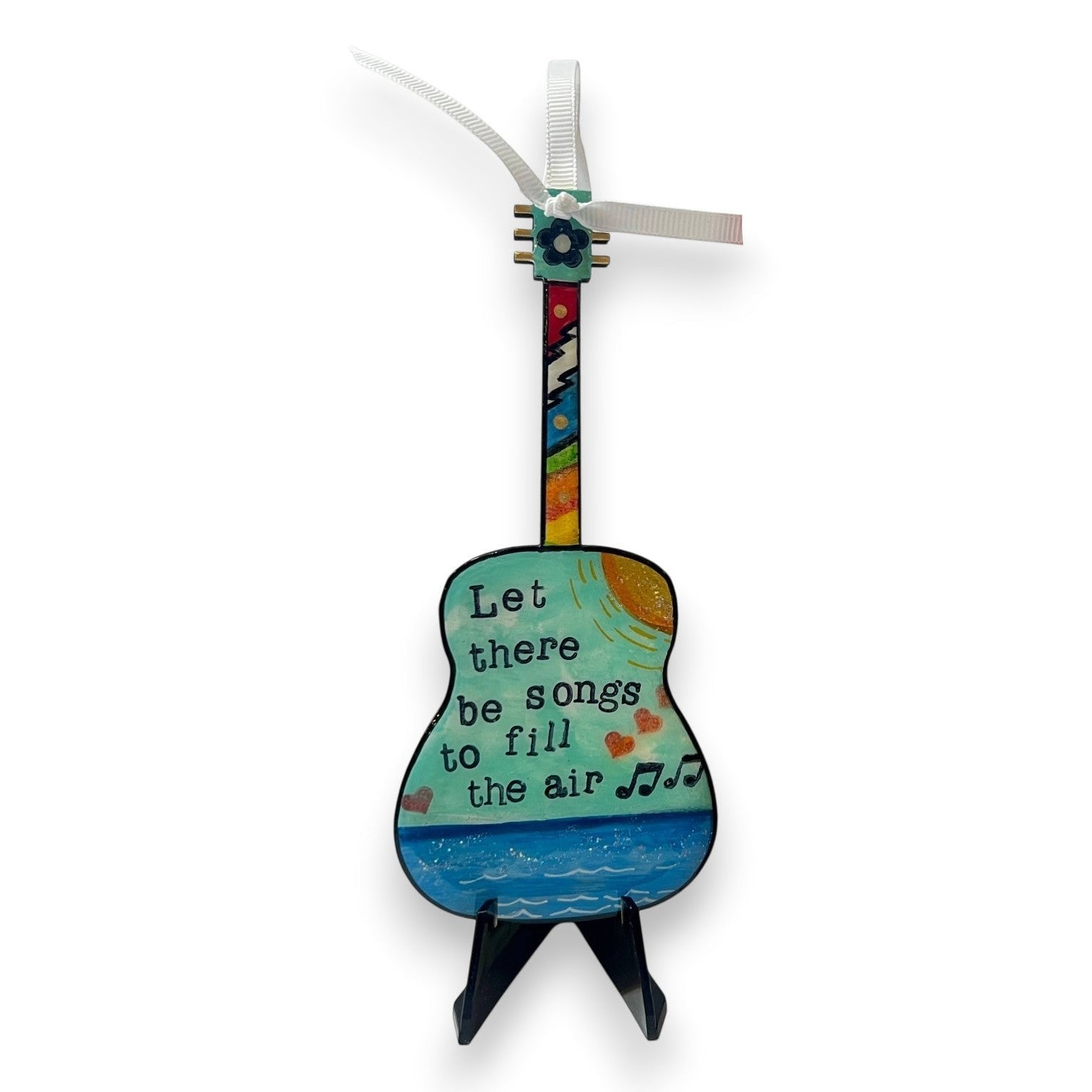 Mellow Monkey Grateful Dead hand-painted wooden guitar ornament with lyrics and ribbon loop on a mini display easel