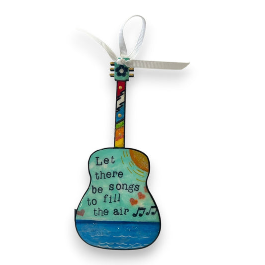 Mellow Monkey hand-painted wooden Grateful Dead guitar ornament with ribbon loop and mini display easel