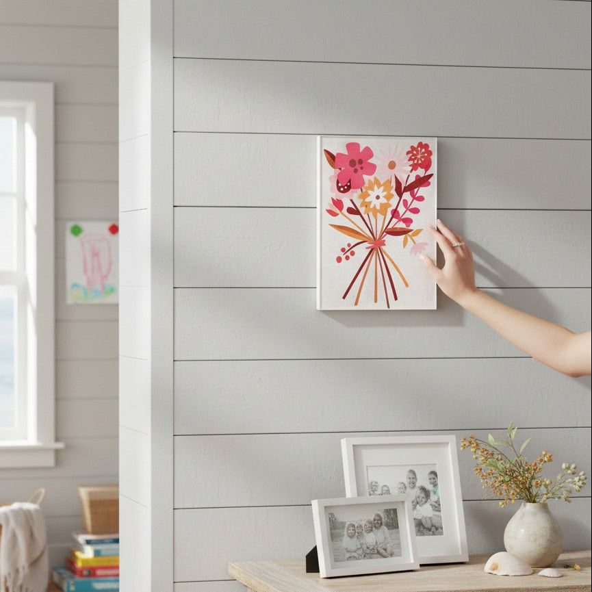 Mellow Monkey Grateful Together Tile Acrylic Wall Art featuring a colorful bouquet of pink, orange, and red flowers with green leaves. 5 x 7 inches.