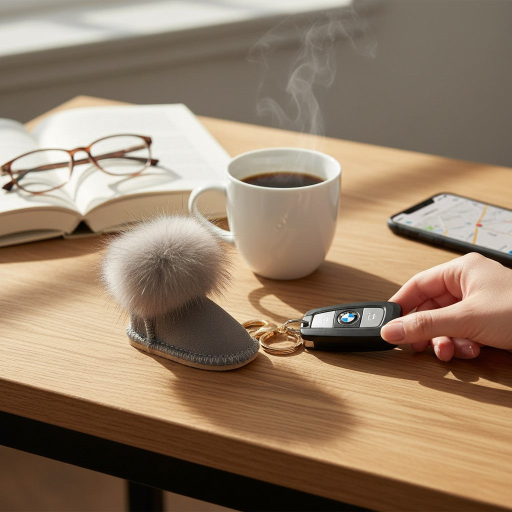 Mellow Monkey gray faux fur pom pom boot keychain with gold hardware. A miniature boot accessory.