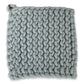 Mellow Monkey gray crocheted cotton pot holder, 8-inch square with thick texture and hanging loop.