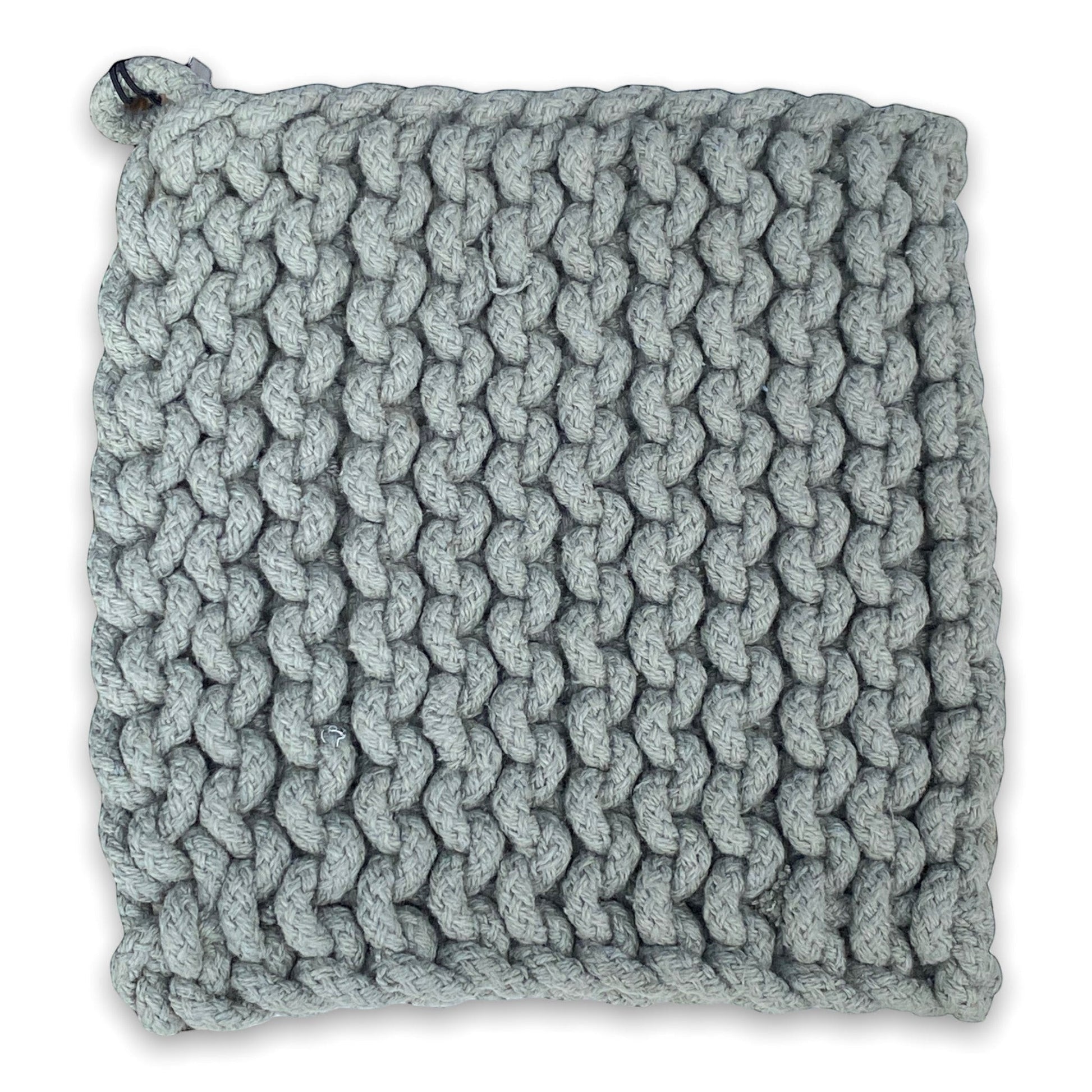 Mellow Monkey gray crocheted cotton pot holder, 8-inch square with thick texture and hanging loop.