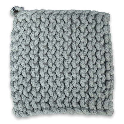 Mellow Monkey gray crocheted cotton pot holder, 8-inch square with thick texture and hanging loop.