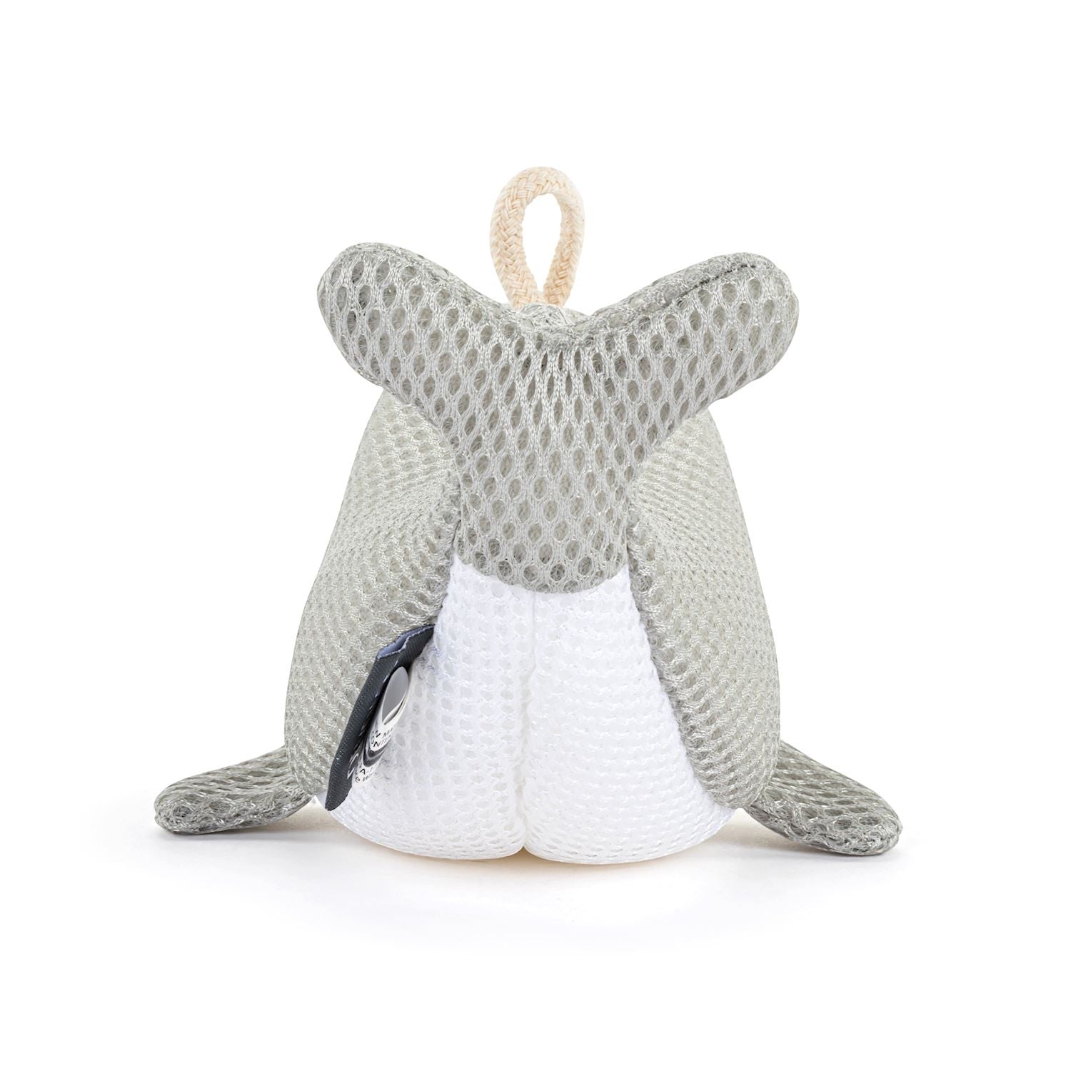 Mellow Monkey Gray Dolphin Bath Time Plush, 6-in, made of mesh and soft materials with a loop for drying.