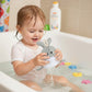 Mellow Monkey Gray Dolphin Bathtime Plush with loop for drying. Made of polyester fiberfill stuffing and polystyrene foam.