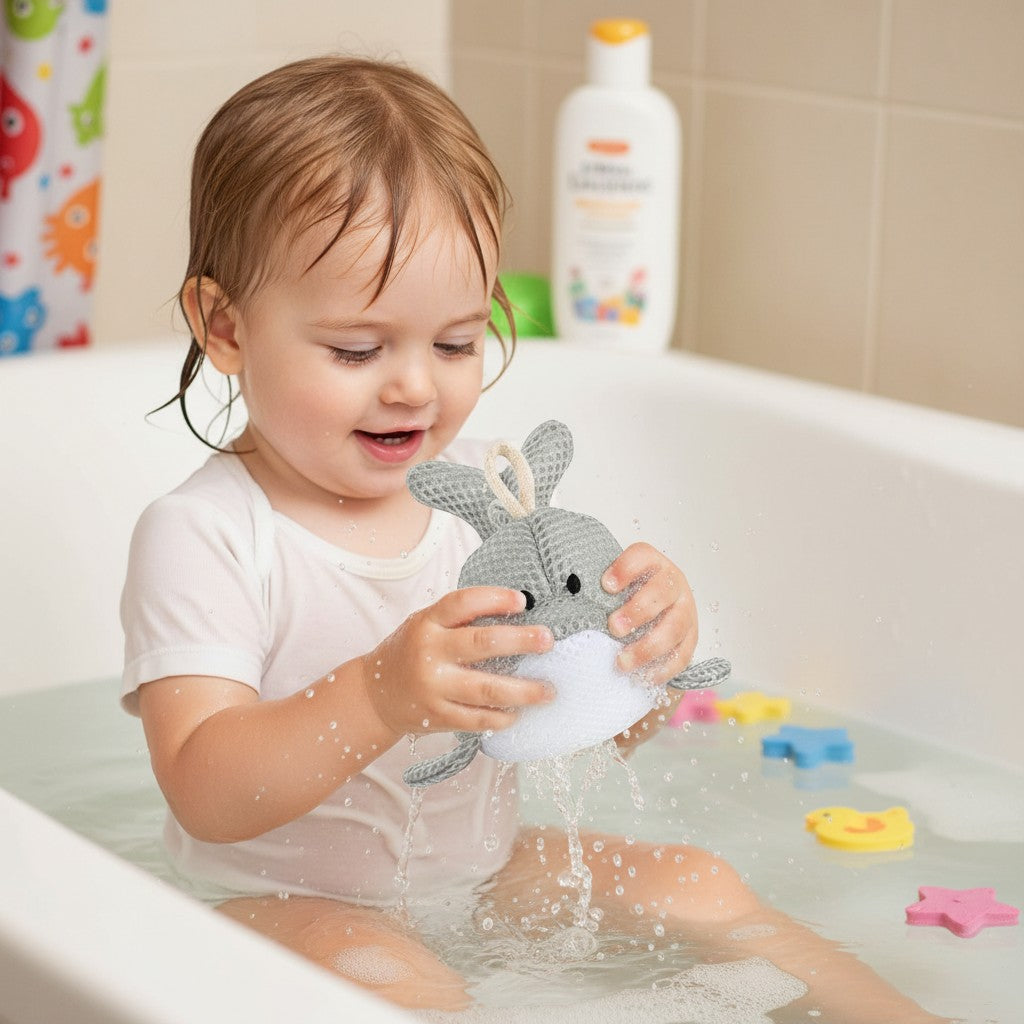 Mellow Monkey Gray Dolphin Bathtime Plush with loop for drying. Made of polyester fiberfill stuffing and polystyrene foam.