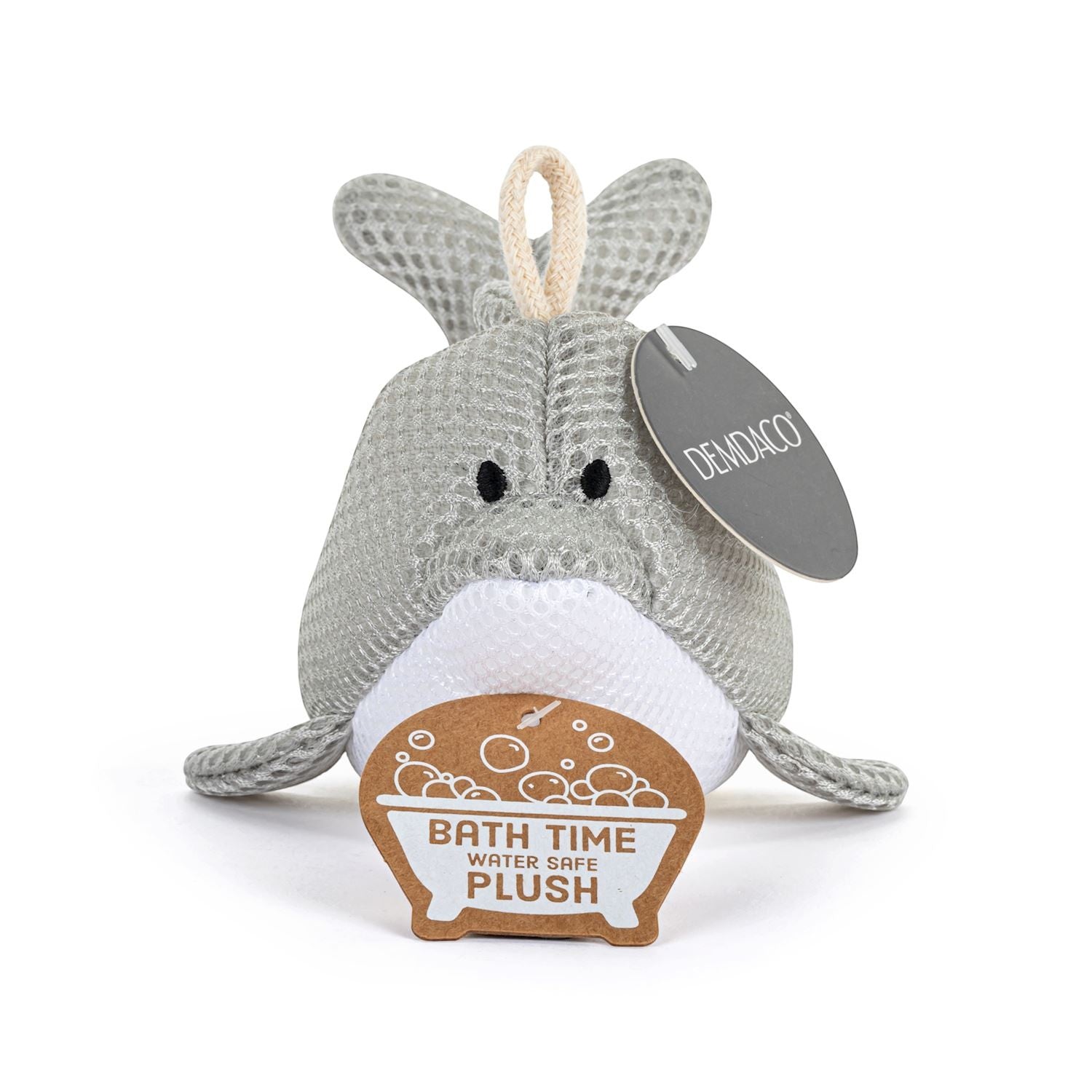 Mellow Monkey Gray Dolphin Bath Time Plush, made of soft mesh material with a white belly and a loop for hanging.