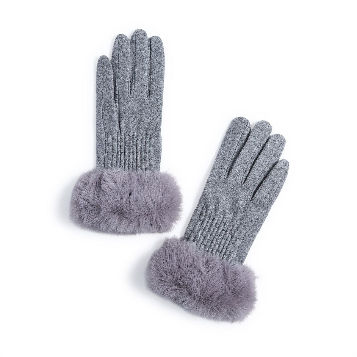 Mellow Monkey gray knit gloves featuring soft faux fur cuffs for added warmth and style.