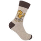 Mellow Monkey gray crew socks featuring a cartoon squirrel and the text Protect Your Nuts in a soft cotton blend