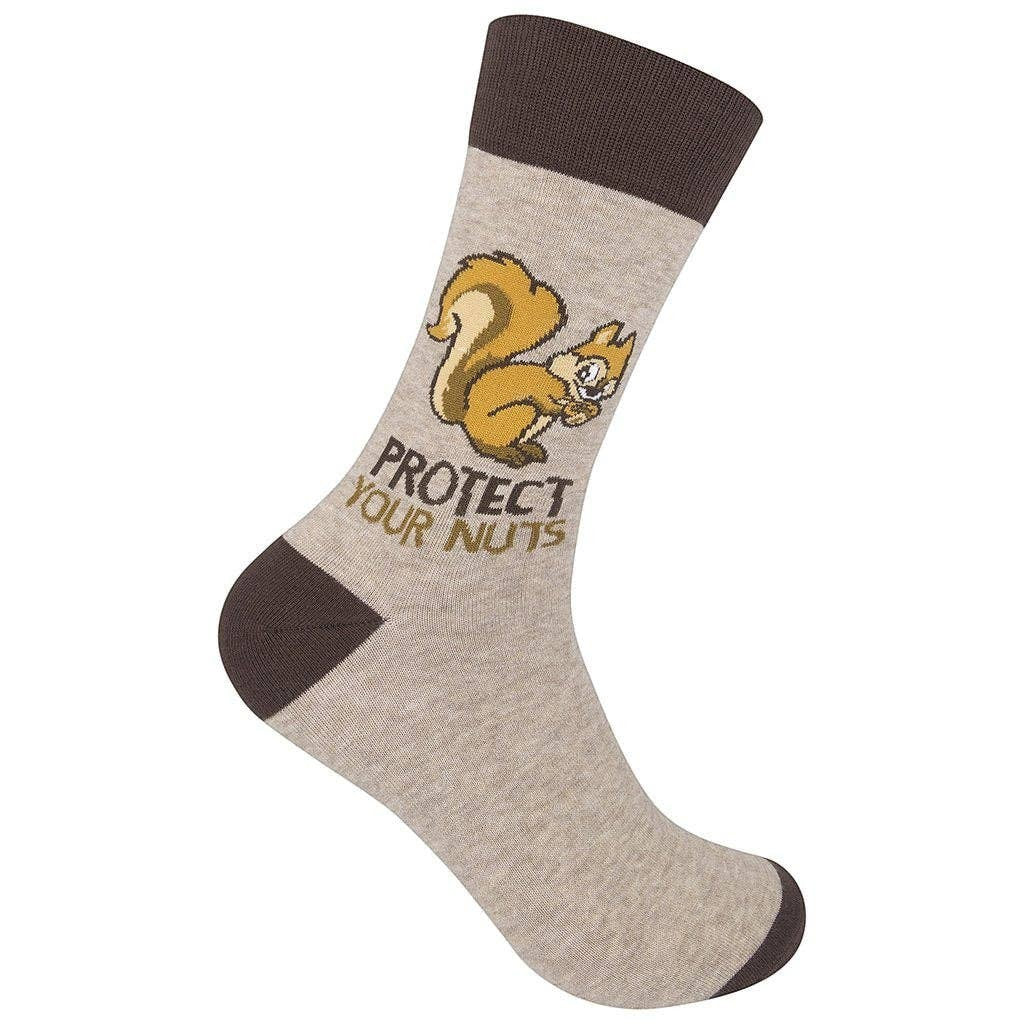Mellow Monkey gray crew socks featuring a cartoon squirrel and the text Protect Your Nuts in a soft cotton blend