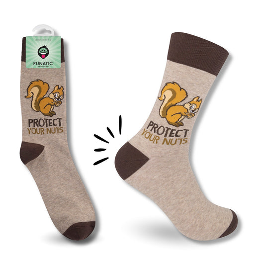 Mellow Monkey gray crew socks featuring a cartoon squirrel with an acorn and the text Protect Your Nuts