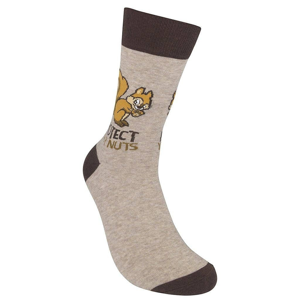 Mellow Monkey gray crew socks featuring a cartoon squirrel and the text Protect Your Nuts in a soft cotton blend