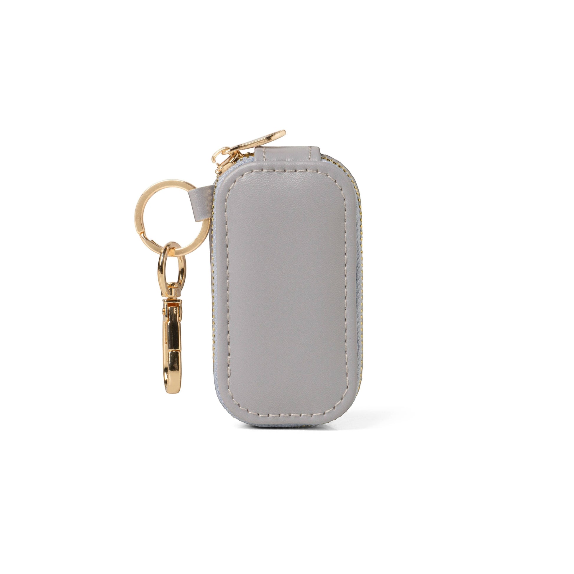 Mellow Monkey gray vegan leather jewelry keychain with gold hardware and swivel snap clip for travel.