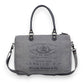 Mellow Monkey Grays Inlaid messenger bag in grey cotton with leather trim and vintage-style black typography print.
