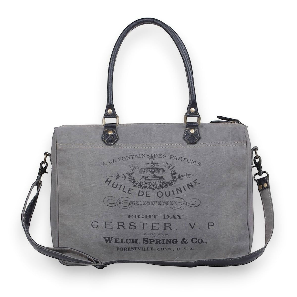 Mellow Monkey Grays Inlaid messenger bag in grey cotton with leather trim and vintage-style black typography print.