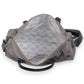 Mellow Monkey Grays Inlaid messenger bag featuring a grey cotton exterior, dark leather handles, and lined interior.