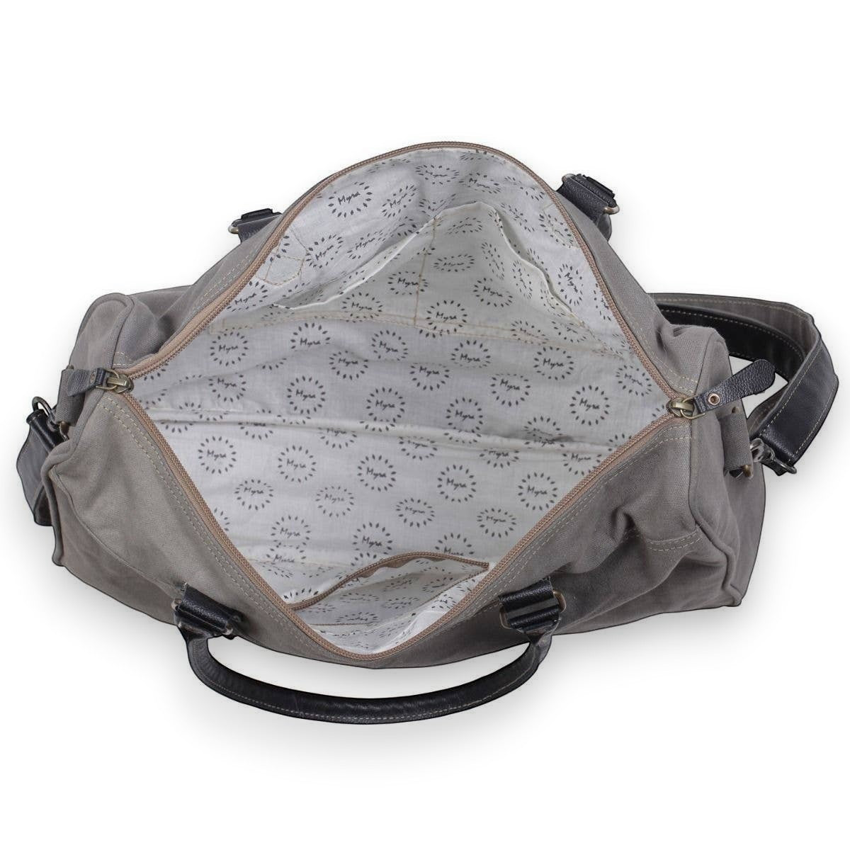 Mellow Monkey Grays Inlaid messenger bag featuring a grey cotton exterior, dark leather handles, and lined interior.
